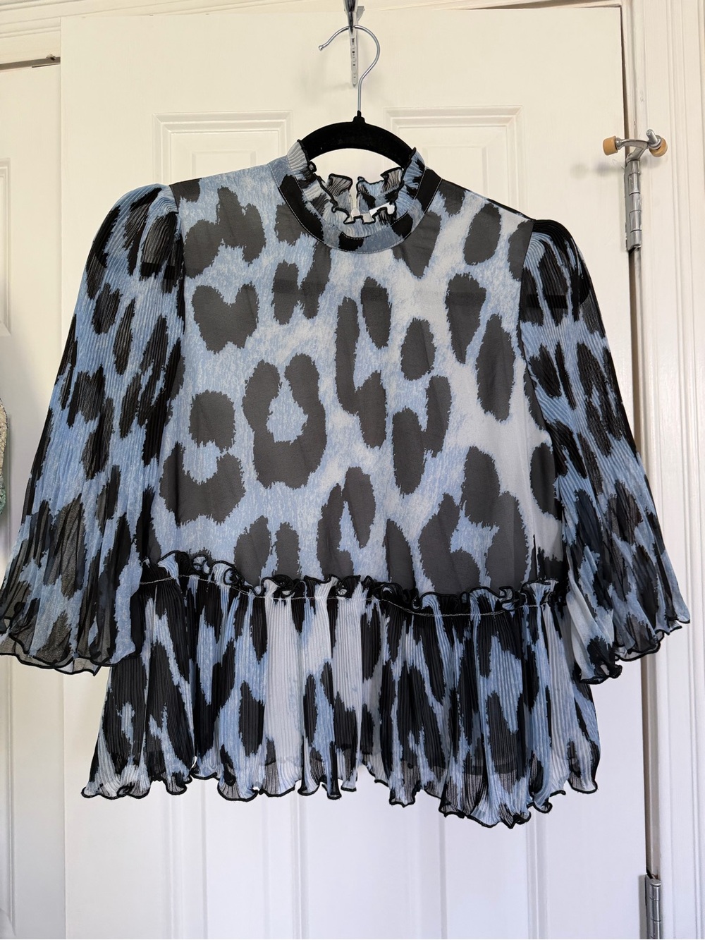 Ganni Sheer Animal Print Ruffle-Neck Blouse - Light Blue & Black